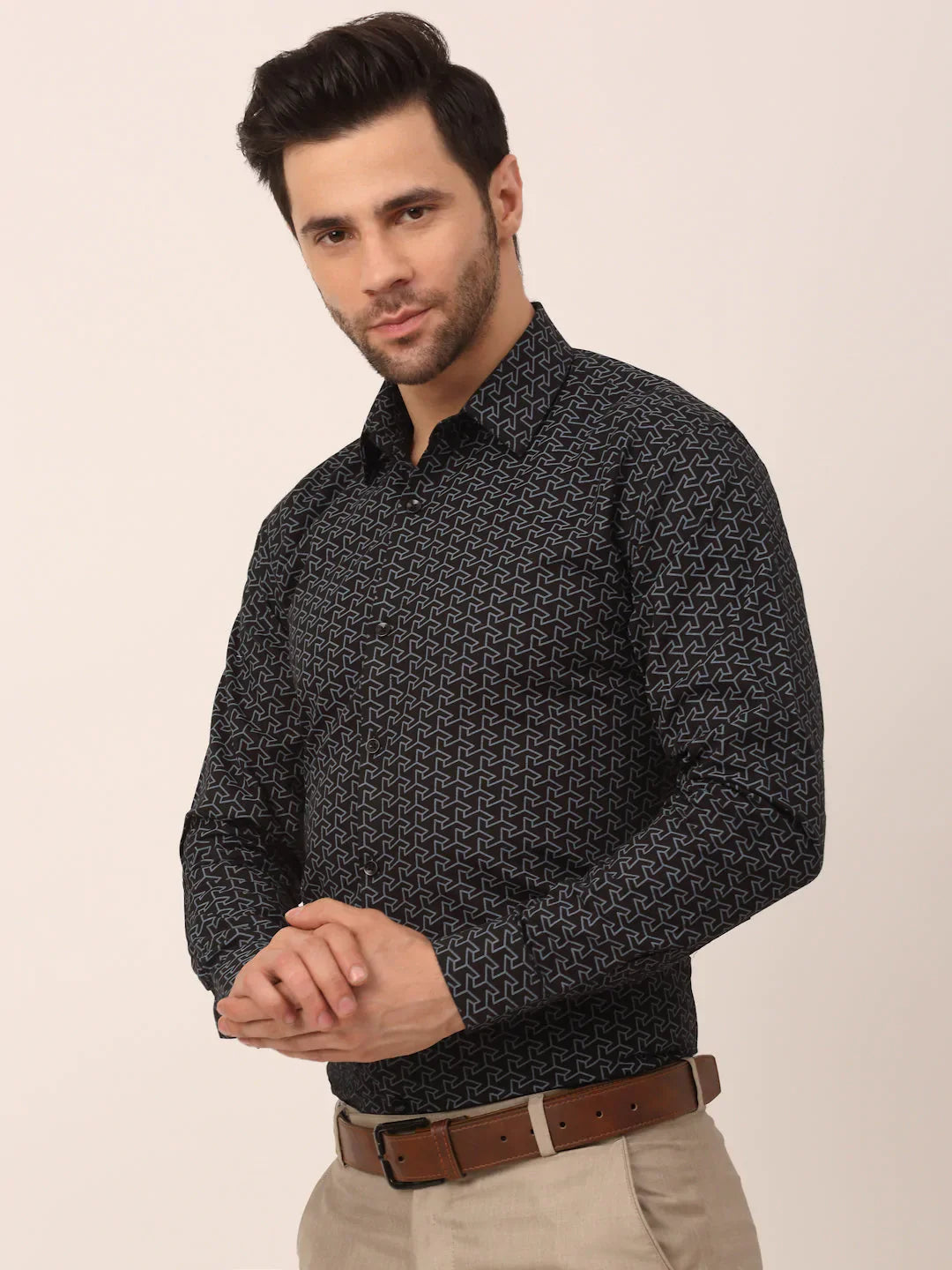 Jainish Men's Cotton Printed Formal Shirts ( SF 821Black )