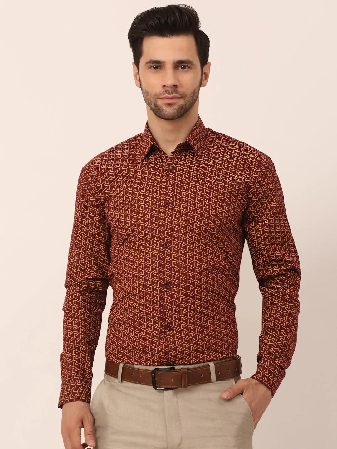 Jainish Men's Cotton Printed Formal Shirts ( SF 821Brown )