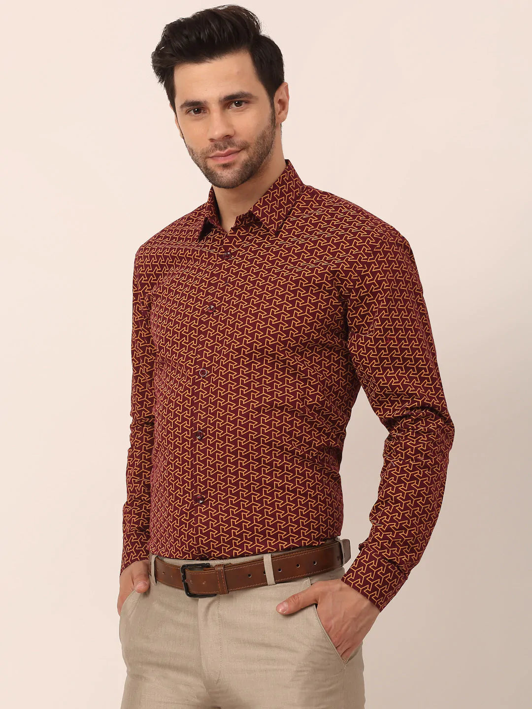 Jainish Men's Cotton Printed Formal Shirts ( SF 821Brown )