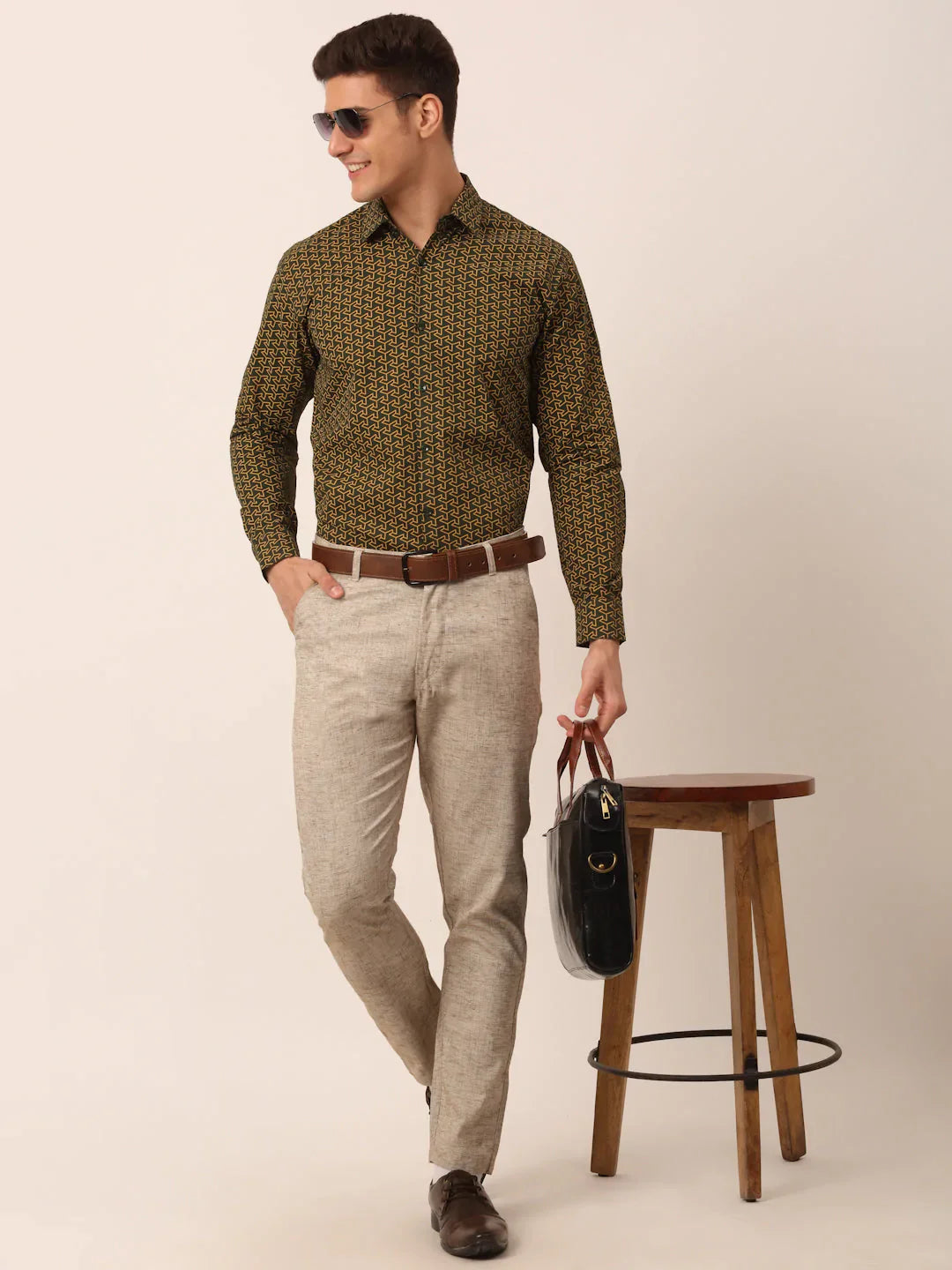 Jainish Men's Cotton Printed Formal Shirts ( SF 821Olive )