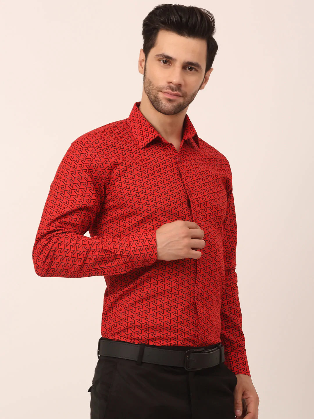 Jainish Men's Cotton Printed Formal Shirts ( SF 821Red )