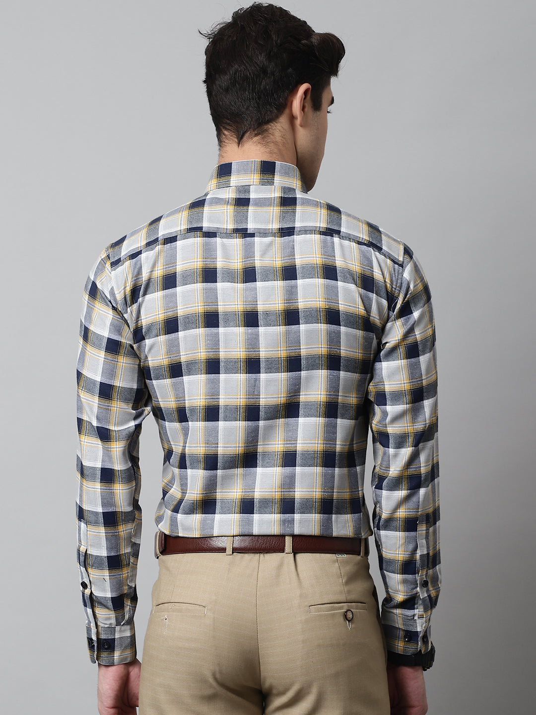 Men Navy Blue and Grey Checks Regular Fit Cotton Formal Shirt