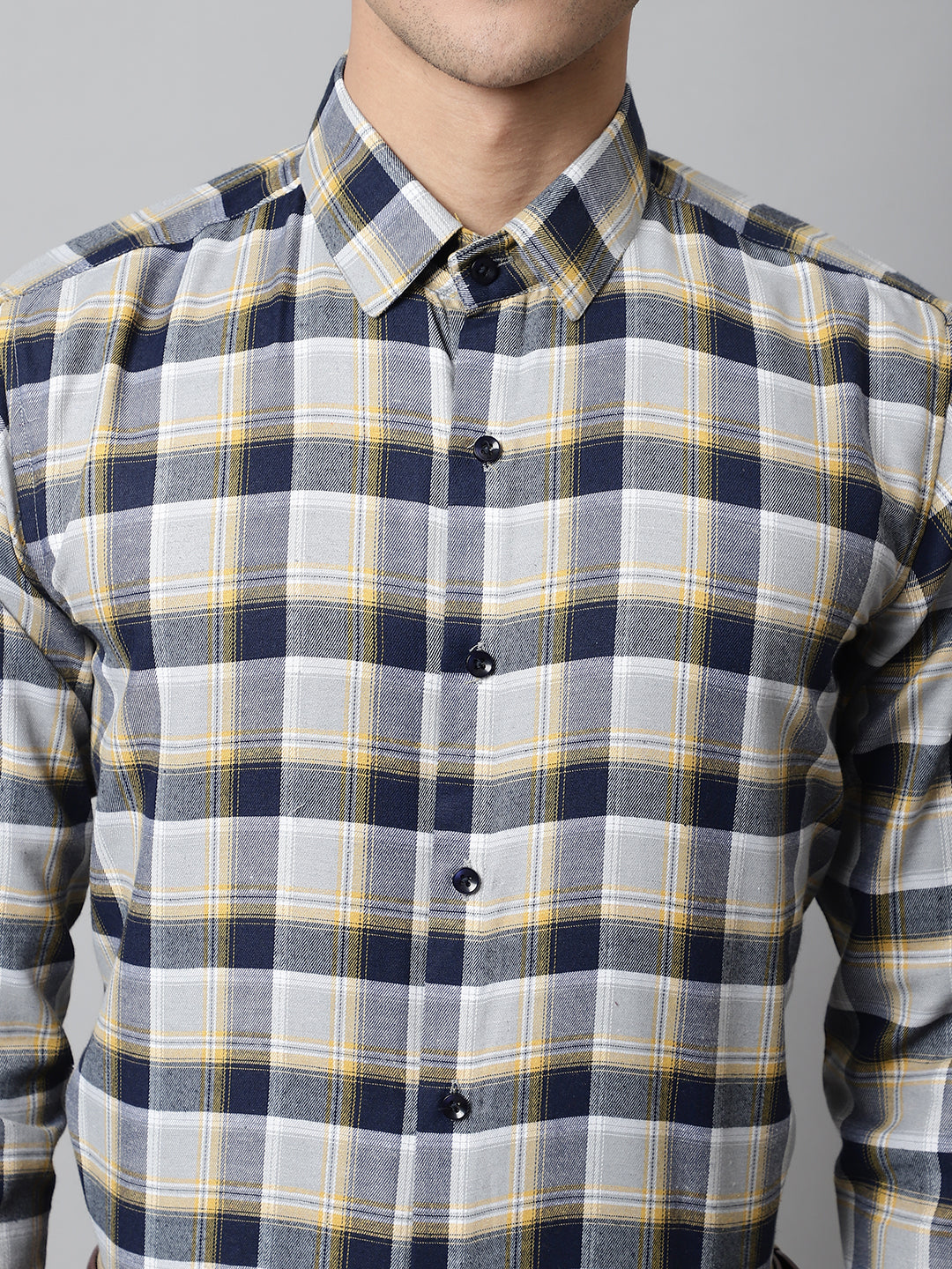 Men Navy Blue and Grey Checks Regular Fit Cotton Formal Shirt
