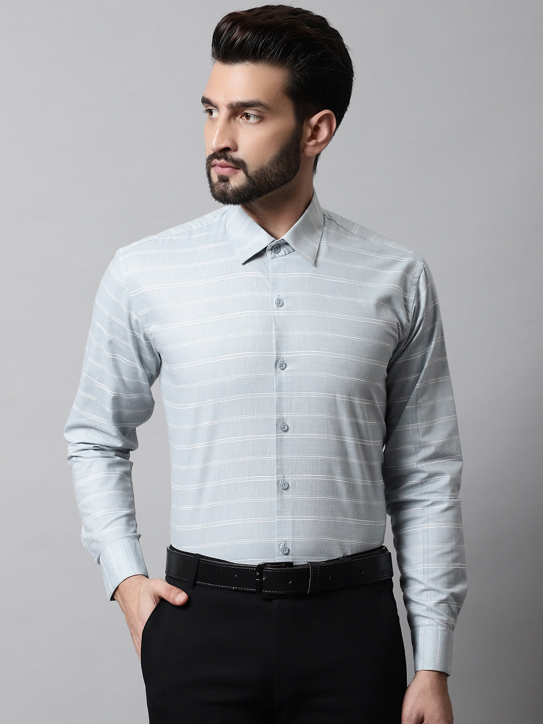 Men Grey Classic Striped Formal Cotton Shirt