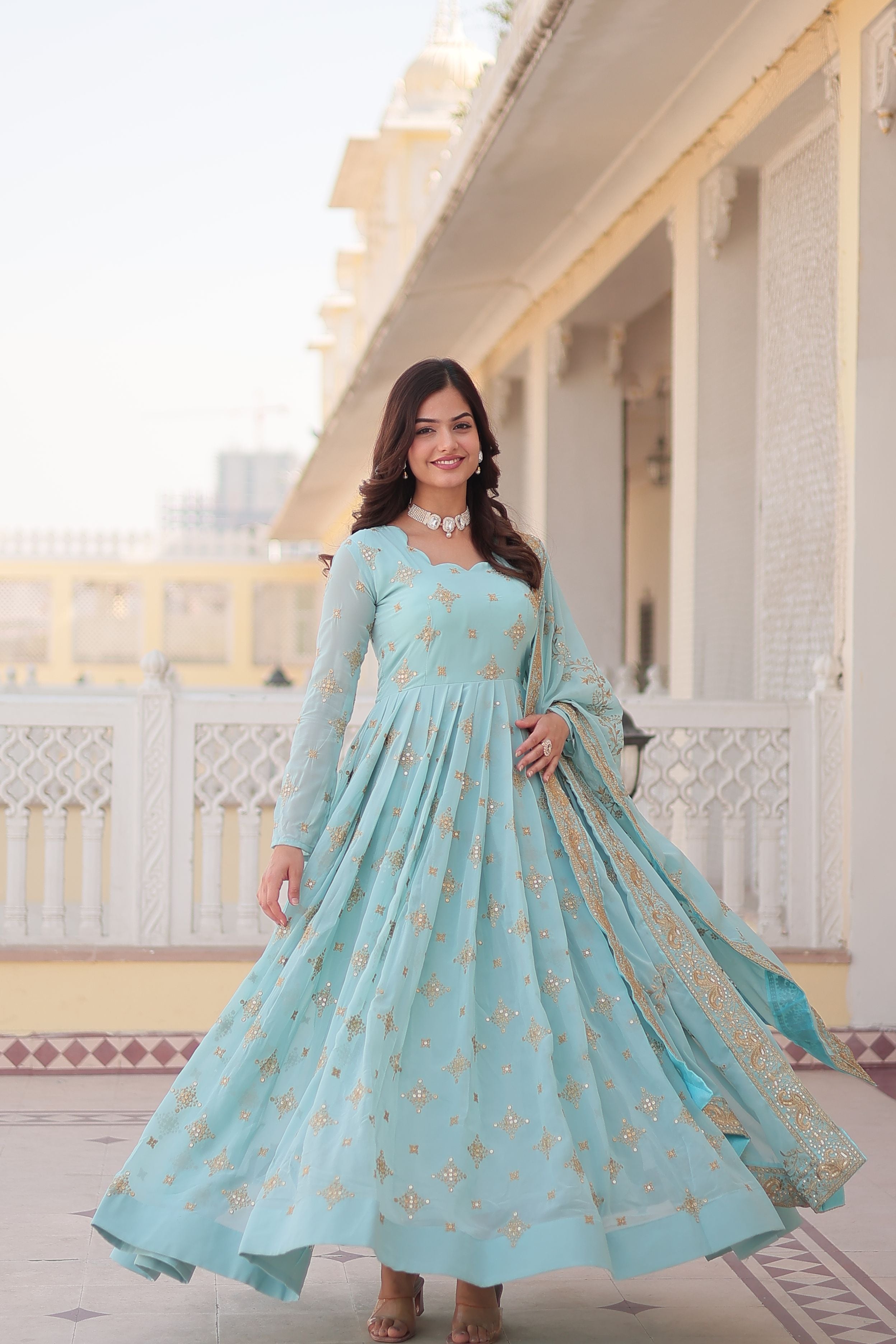Aastha Sky Faux Georgette with Gown fabric Embroidery Zari Sequins