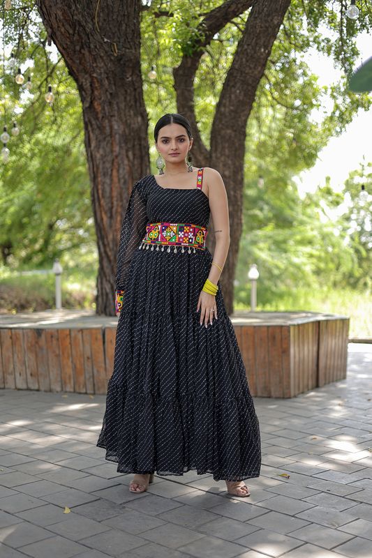 Aastha Black Faux Georgette with Gown Leheriya Digital Print work with kutchi patchework