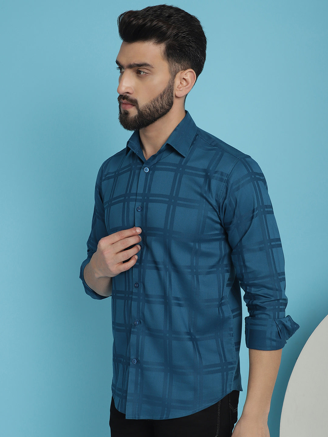 Peacock Blue Checked Casual Shirt