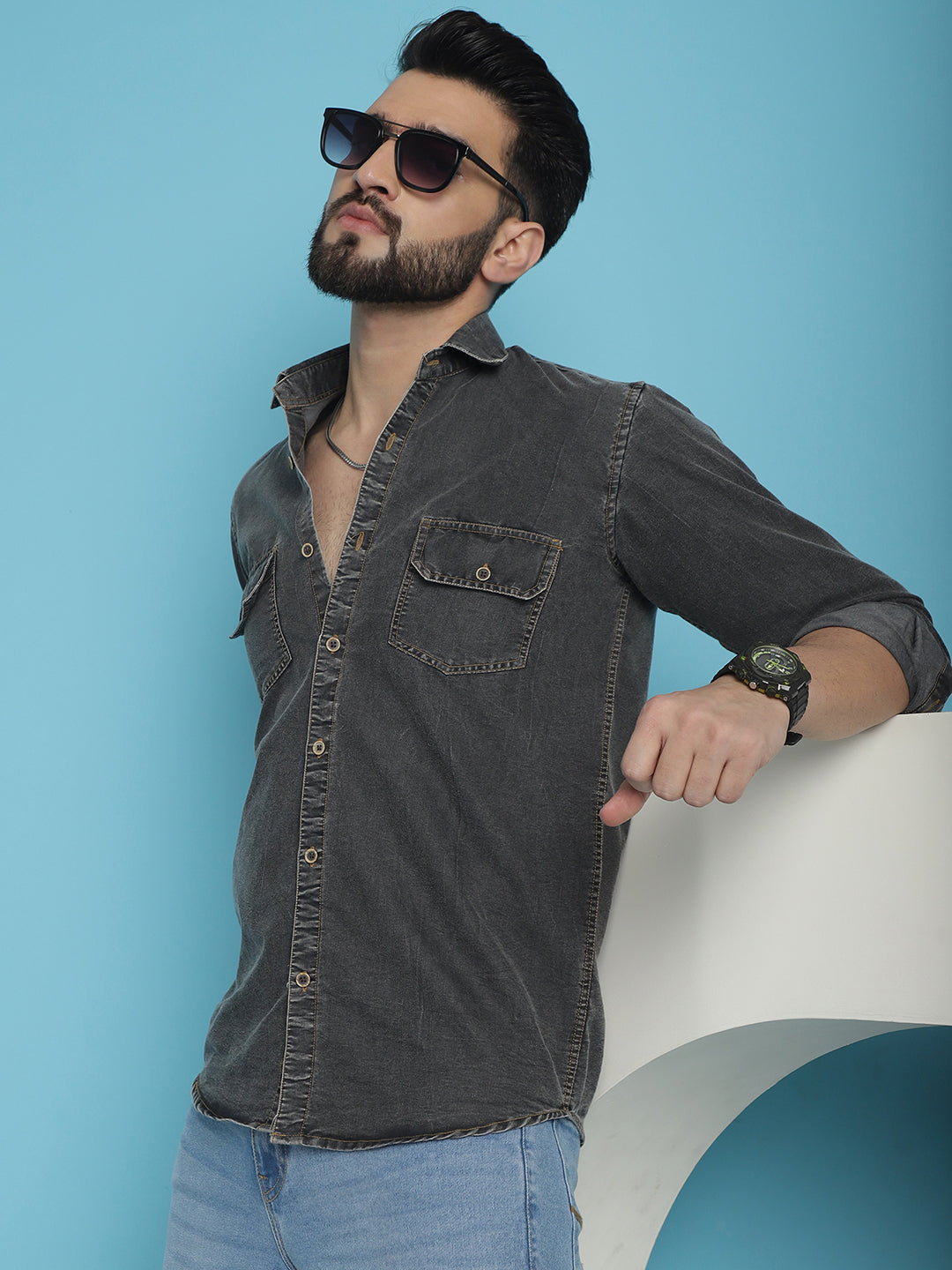 Faded Cotton Denim Casual Shirt