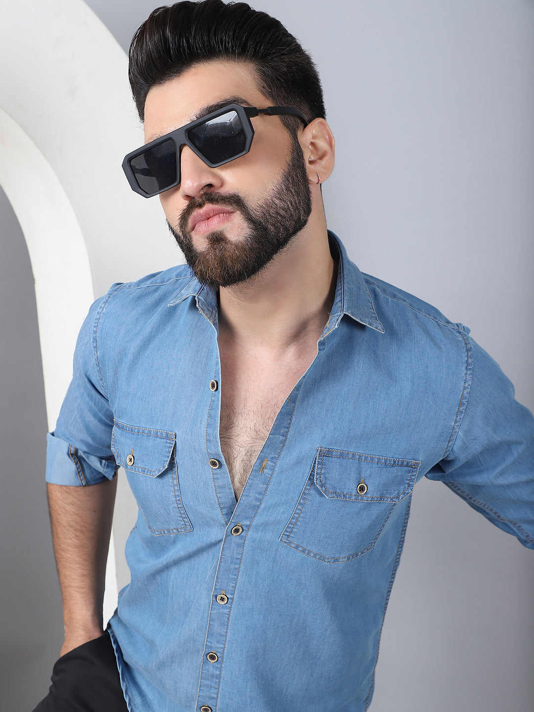 Faded Cotton Denim Casual Shirt