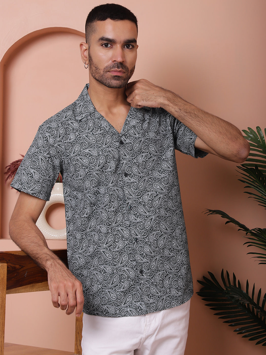Olive Green Paisley Printed Cotton Casual Shirt