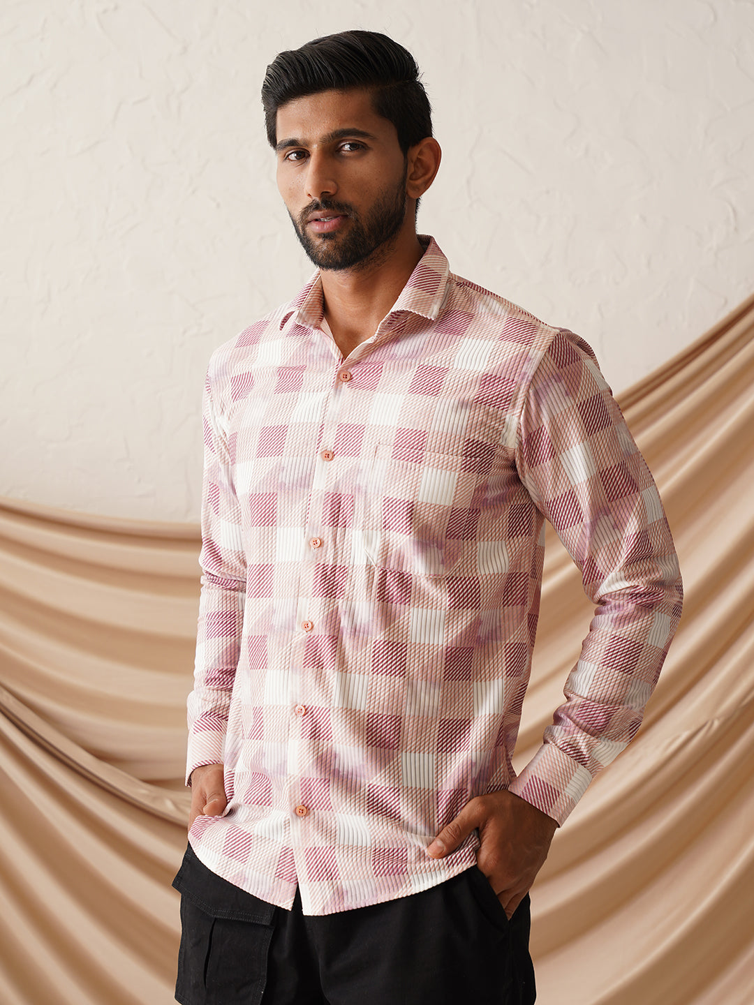 Checked Spread Collar Cotton Casual Shirt for Men