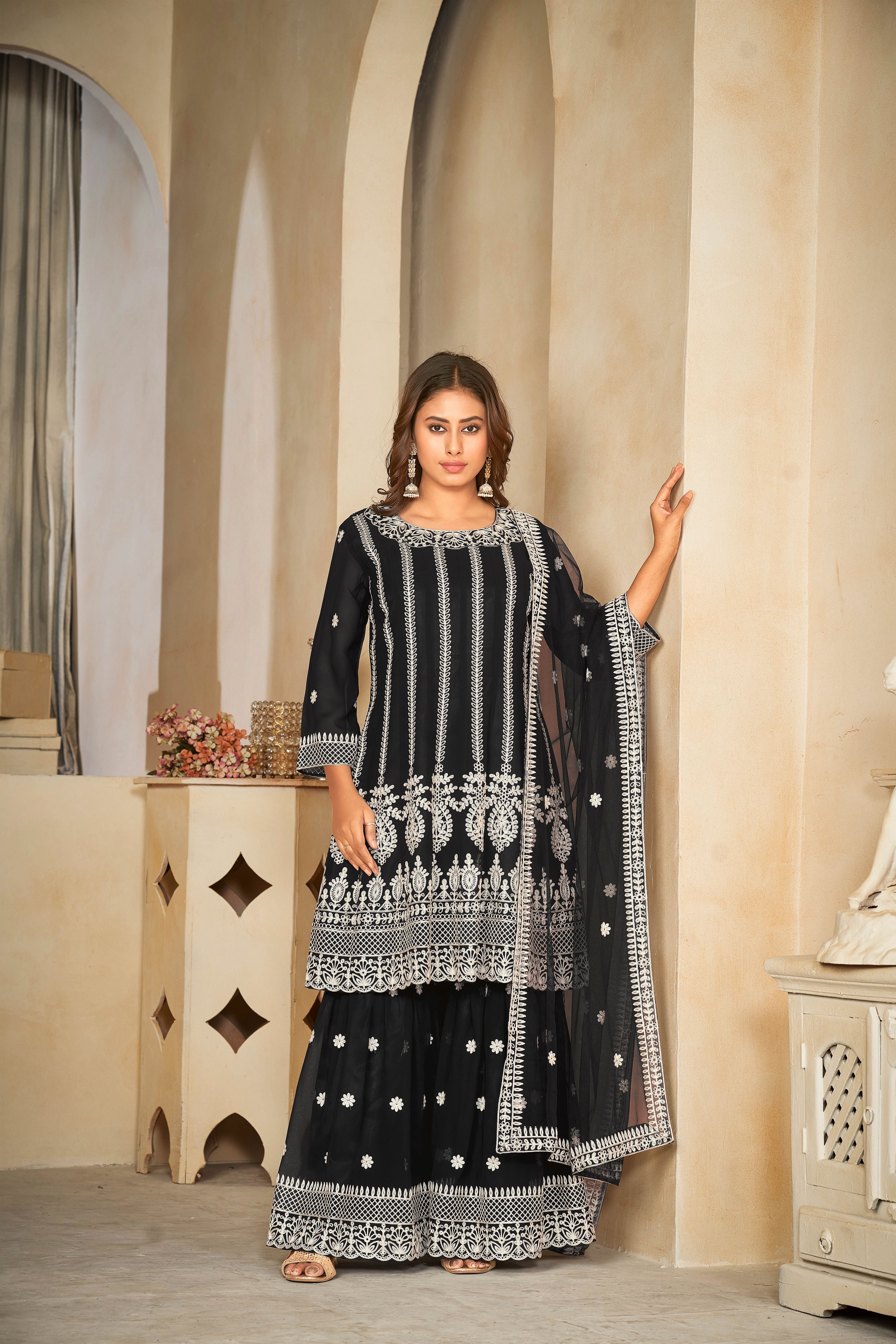 Aastha Black with Net top fabric Santoon Net Bottom fabric