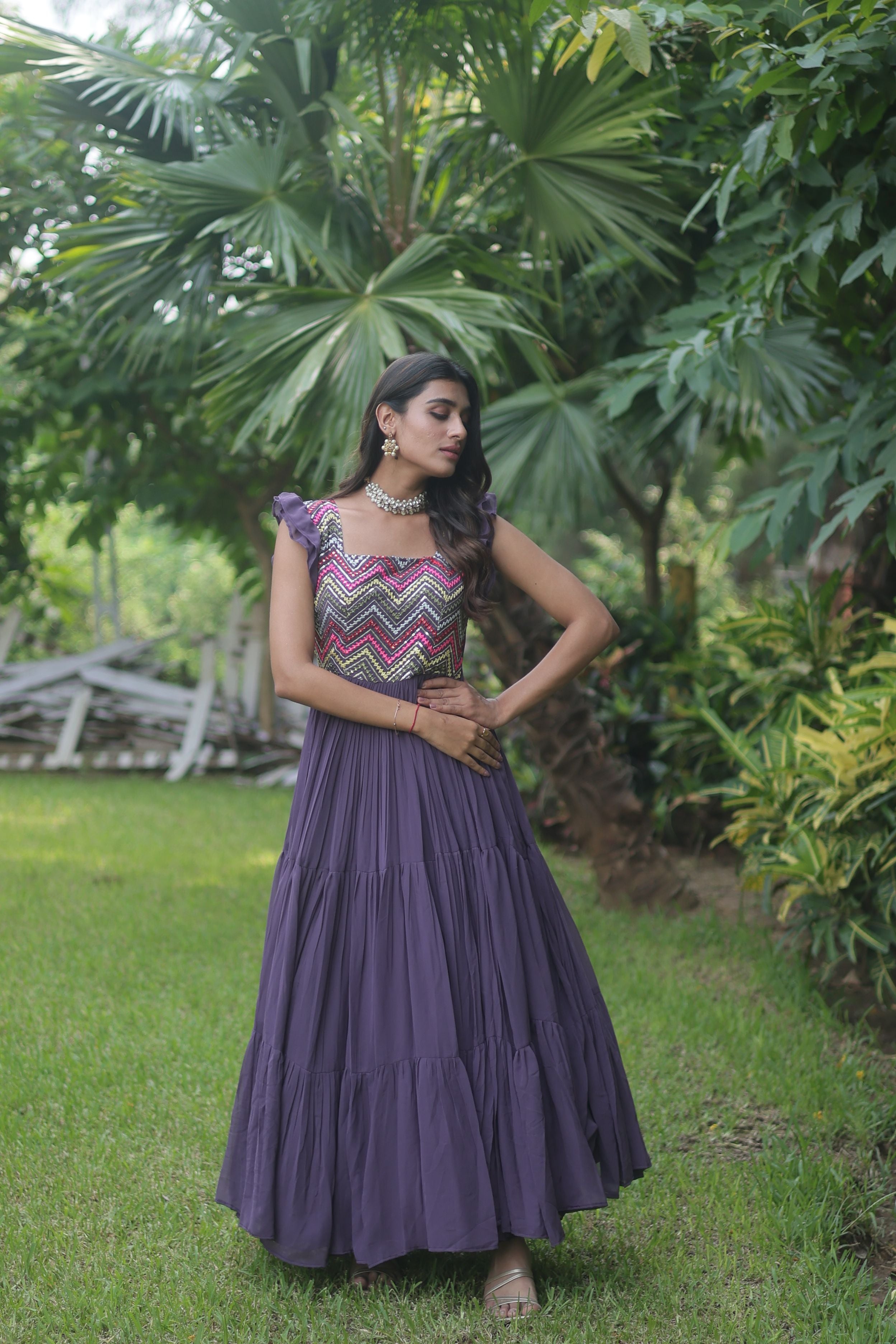 Aastha Purple Faux Blooming Russian Silk with Gown Embroidered Work