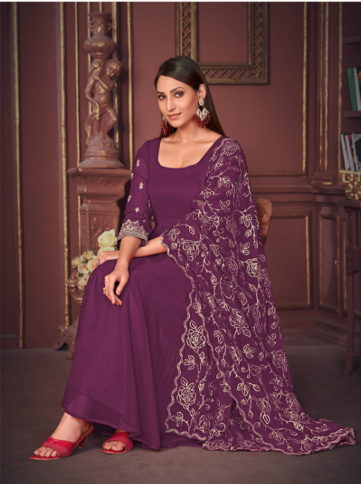 Aastha Purple with Net top fabric Georgette Crepe Net Bottom fabric