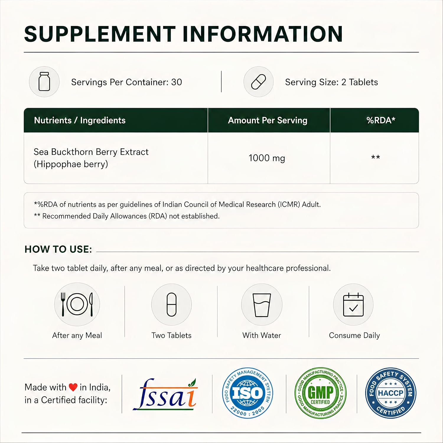 Nutrabud Organics Sea Buckthorn Berry Powder 1000mg - 60 Veg Tablets
