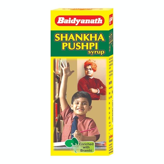 Baidyanath Shankha Pushpi syrup packaging with a person and teacher illustration on a white background