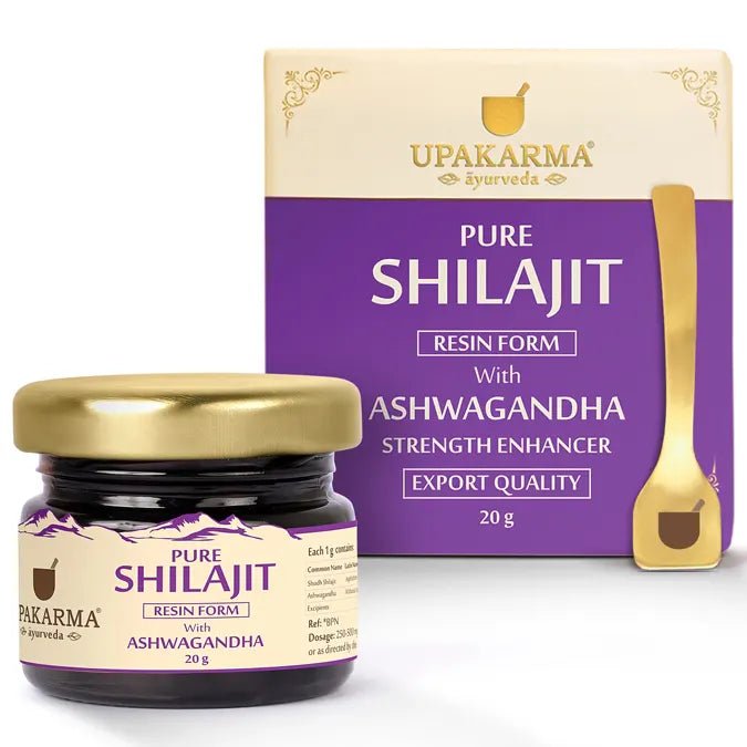 UPAKARMA Shilajit Resin with Ashwagandha 20g | 300mg/serving | Boosts Strength & Build Muscle Mass | 100% Ayurvedic | Lab Tested | 66 Servings - Prithvi Mart