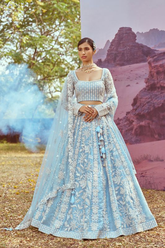 Aastha fashion Blue Organza lehanga blous Embroidery Work