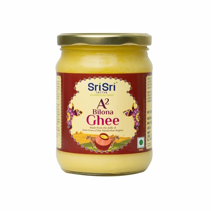 Jar of Sri Sri A2 Bilona Ghee on a white background
