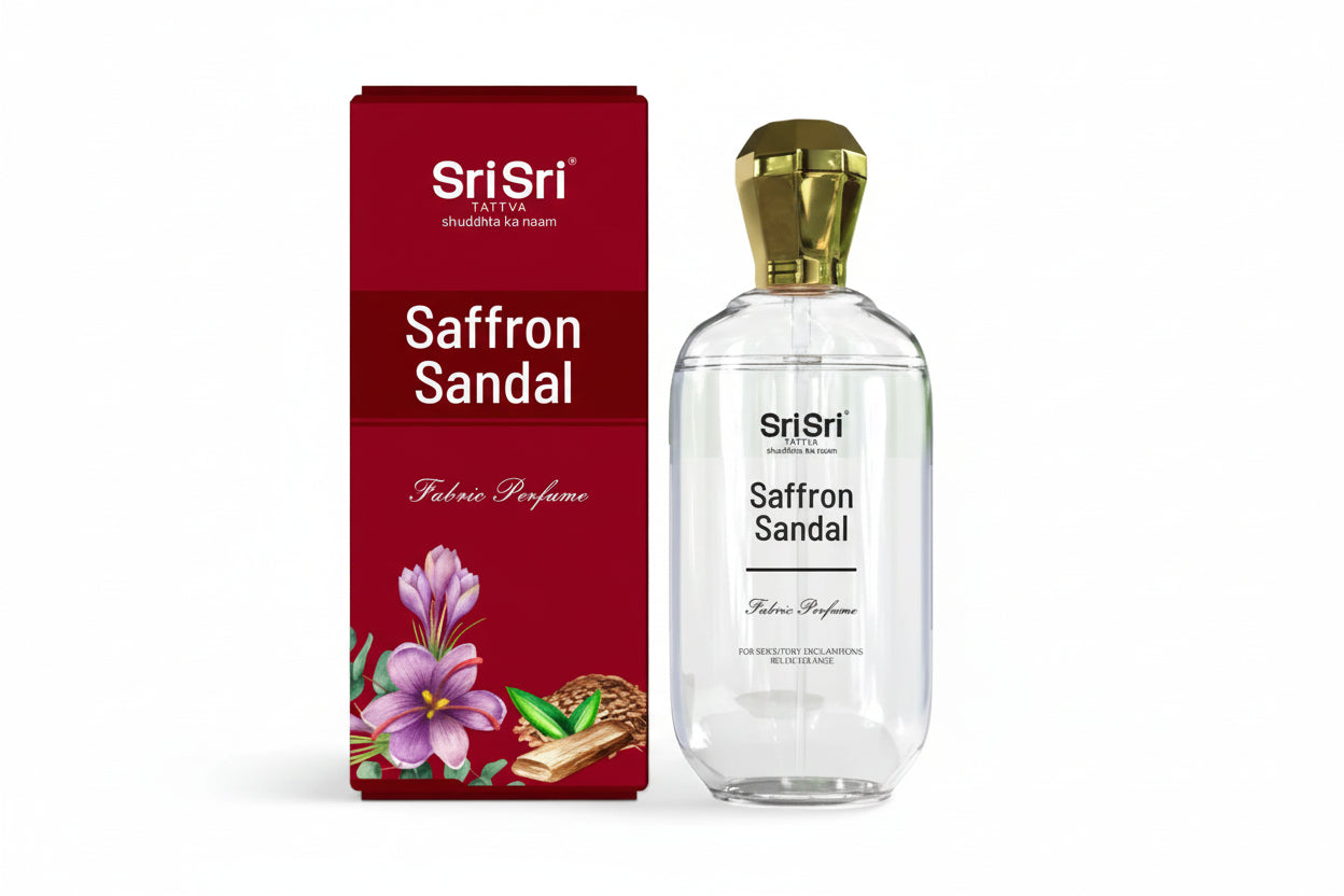 Sri Sri Saffron Sandal fabric perfume bottle and packaging on a white background