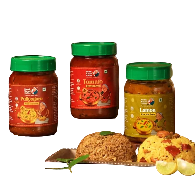 Three jars of different flavors with food items on a white background