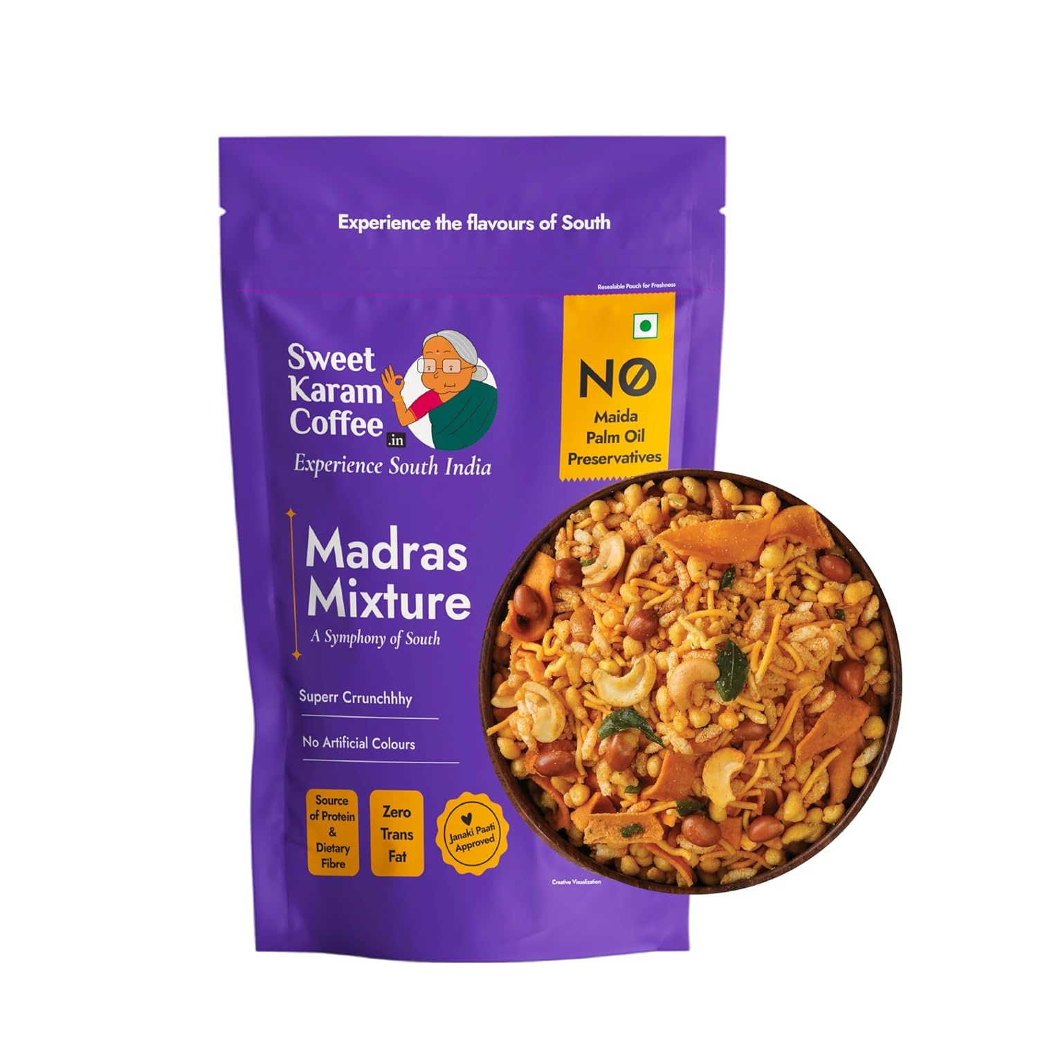 Purple package of Sweet Karam Coffee Madras Mixture on a white background