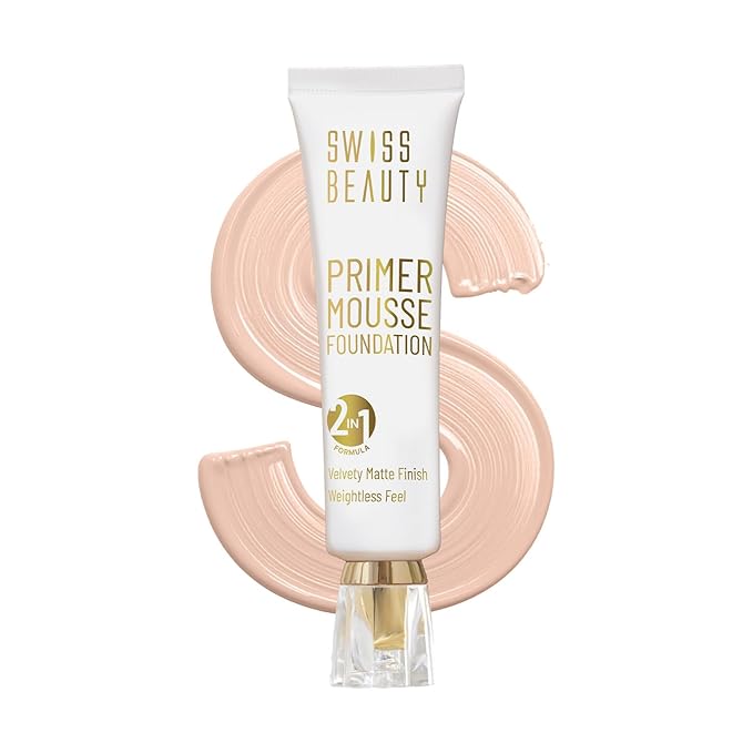 Swiss Beauty Primer Mousse Foundation tube with foundation swatch on a white background