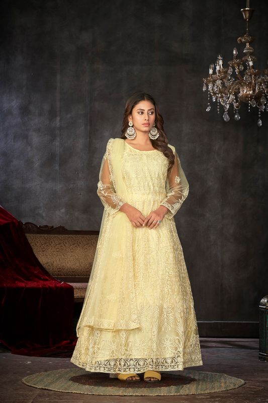 Aastha light yellow with Net top fabric Santoon Net Bottom fabric
