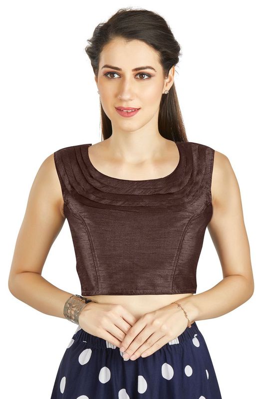 Aastha fashion Brown Art Silk Pleated Boat Neck Blouse Work Plain