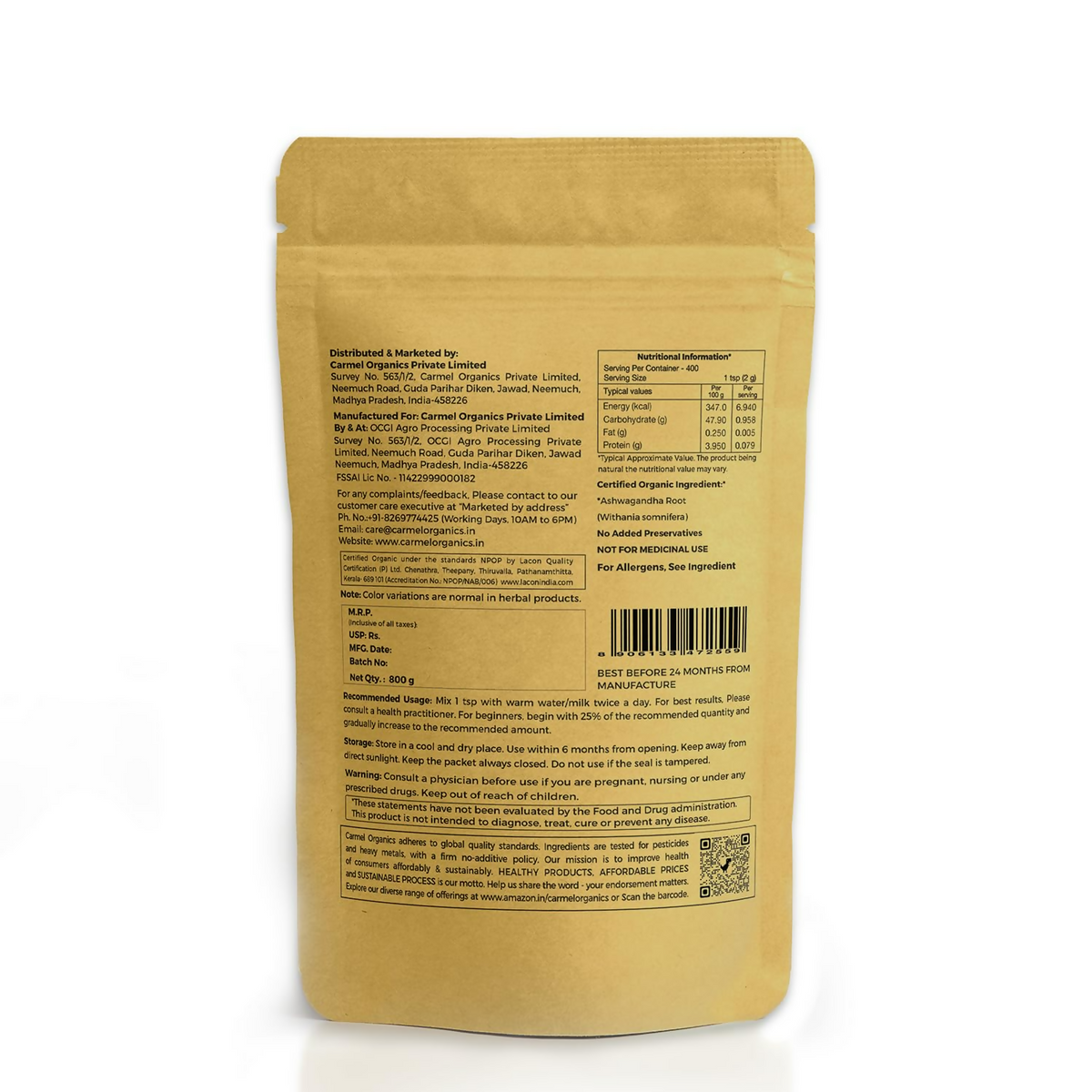 Carmel Organics Ashwagandha Root Powder