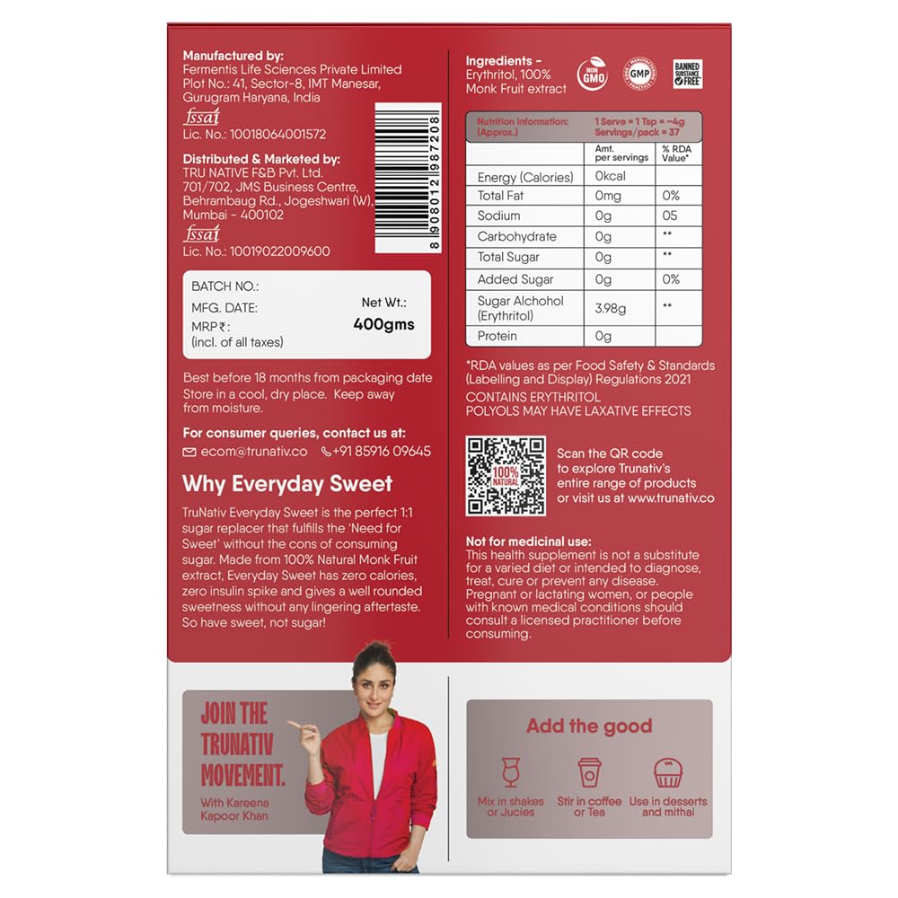 TruNativ Everyday Sweet | Zero Calories | Natural Sweetener|1:1 Sugar Replacer | Zero Carb - Diabetic Friendly - Keto Friendly | Monk Fruit Extract | Cook Bake Blend - No Aftertaste