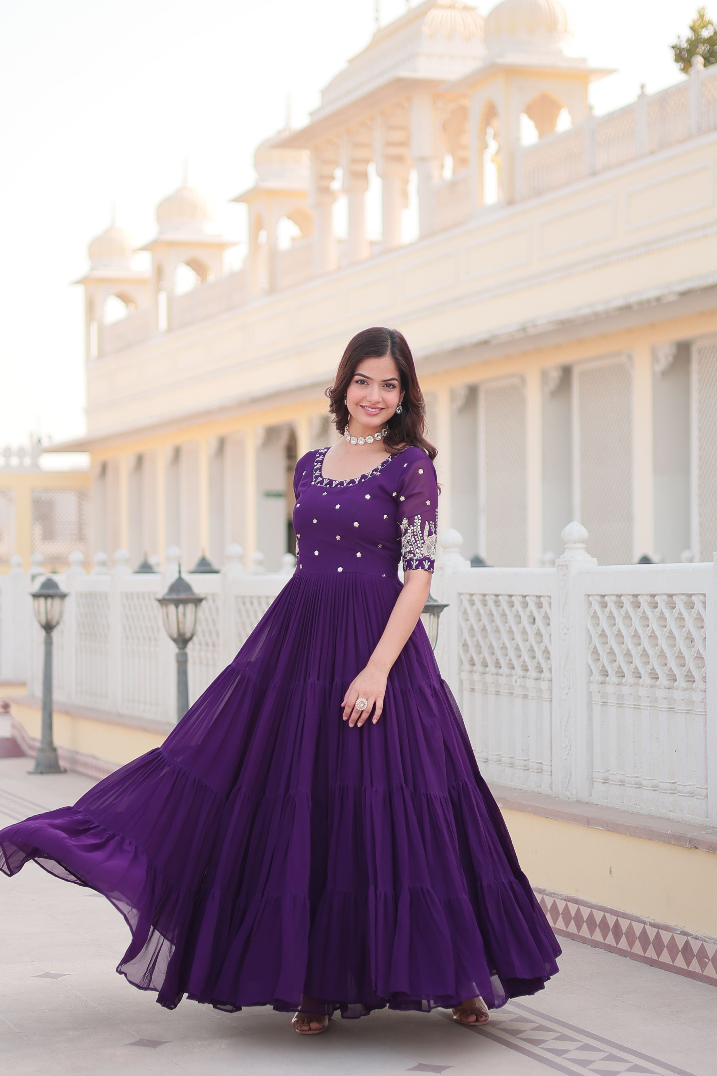 Aastha Purple Faux Georgette with Embroidery Zari Sequins-work