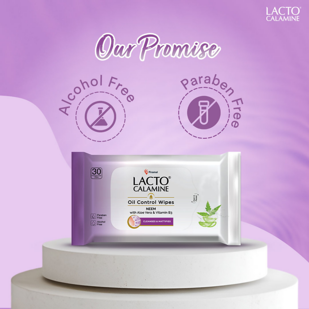Lacto Calamine Oil Control Face Wipes, Makeup Remover Wipes With Neem & Aloe 30 Usable Wipes