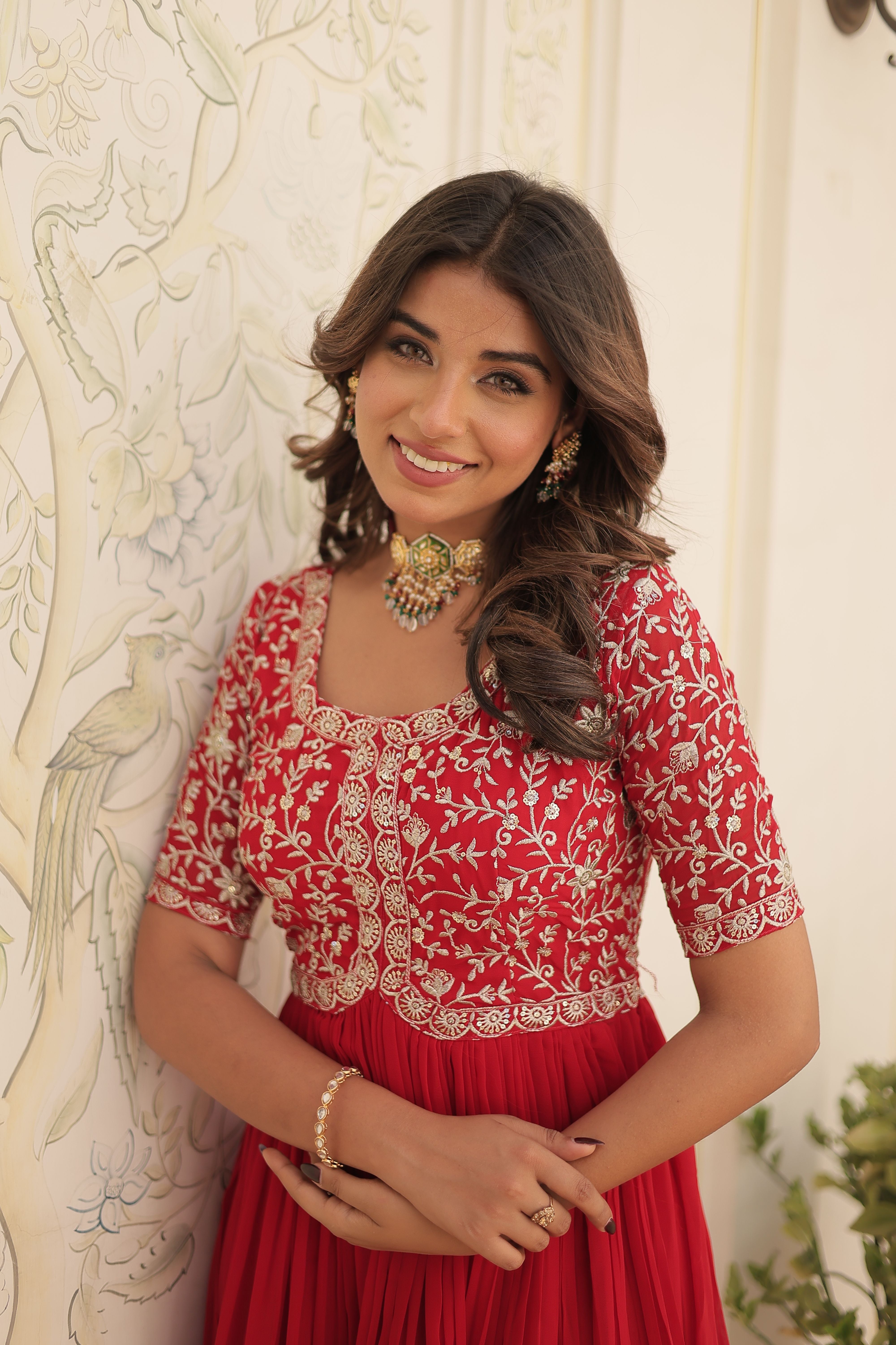 Aastha red Faux Blooming with Gown fabric Embroidery Zari Sequins-work