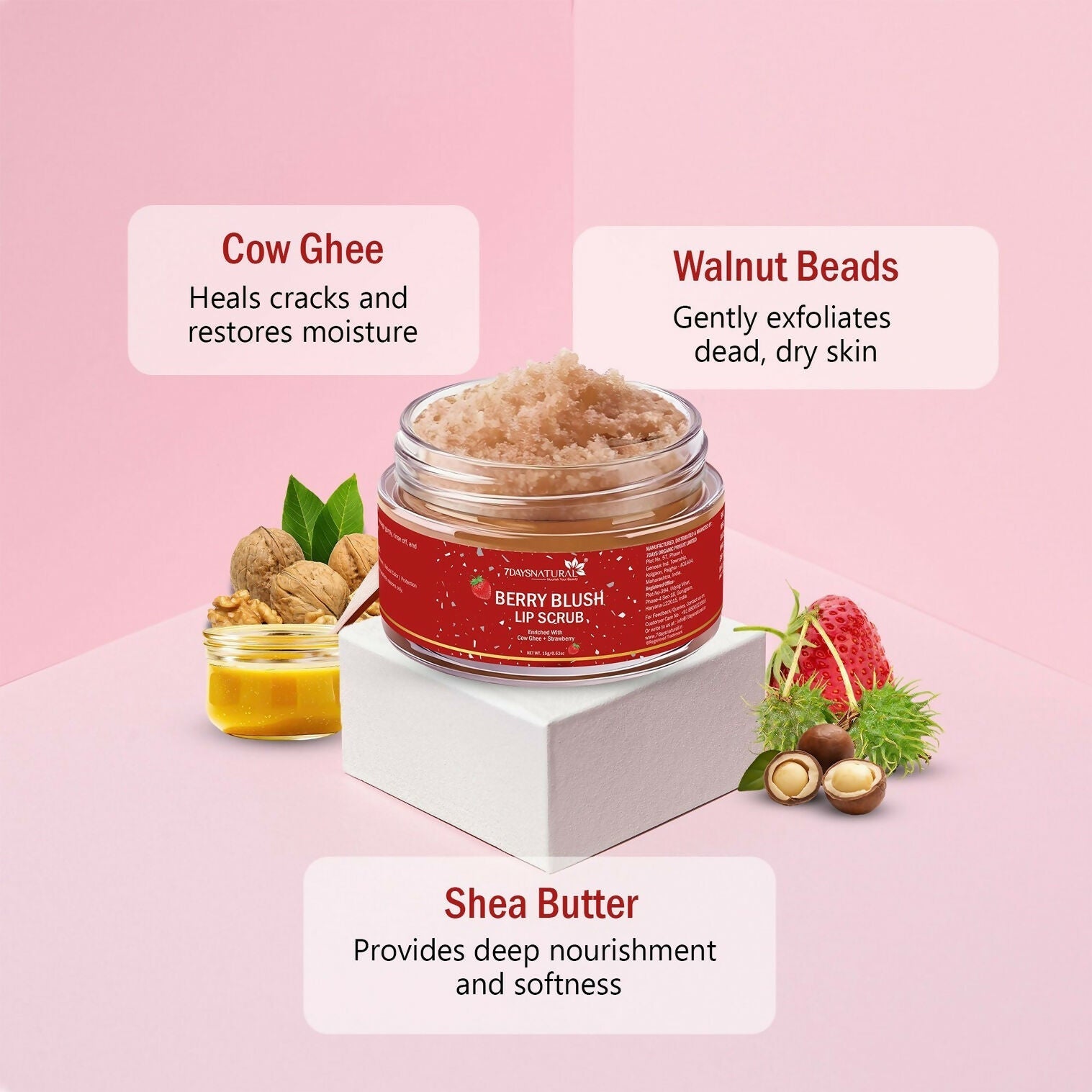 7days Natural Lip Scrub For Dark Tanned Lip Shine, Glossy, Soft With Moisturize Scrub