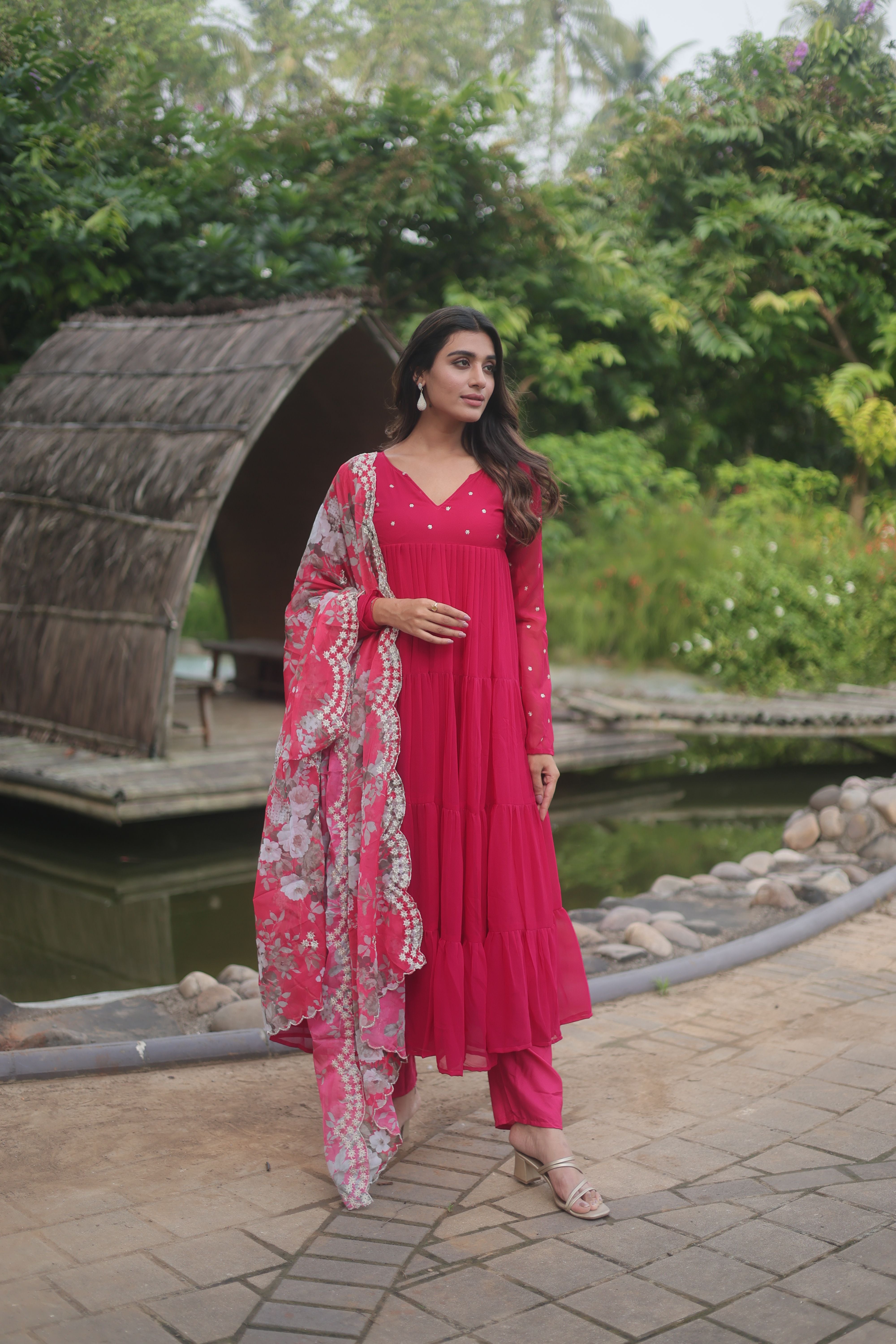 Aastha Pink Faux Bloomin Soft organza with Gown Embroidered Work