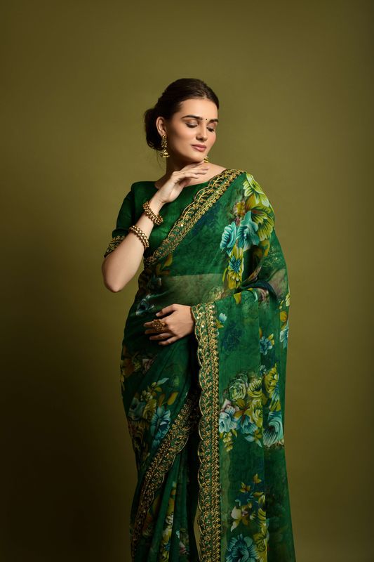 Aastha Green Heavy soft Chiffon Heavy Mono Banglori beautiful floral Print Work