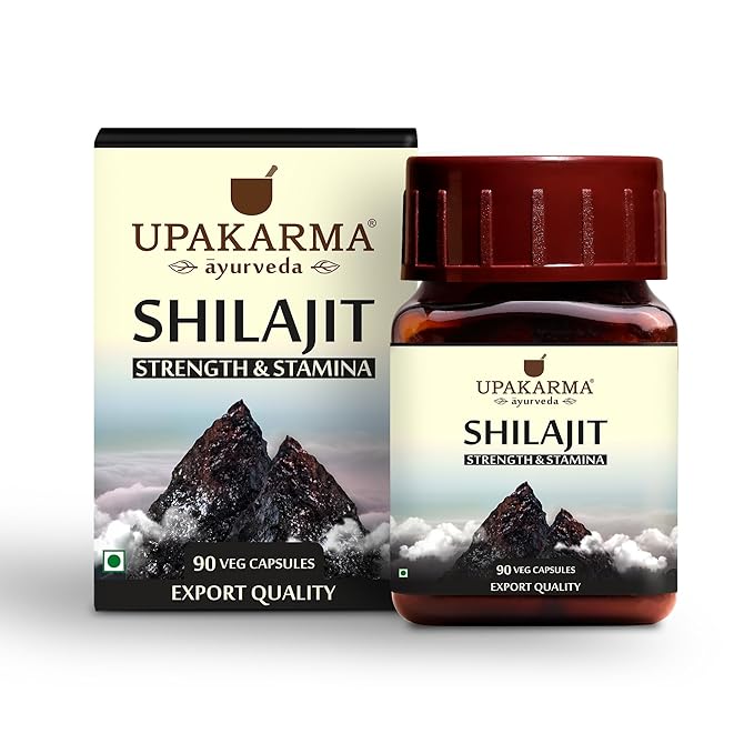 Upakarma Shilajit strength and stamina supplement packaging with mountain design on a white background