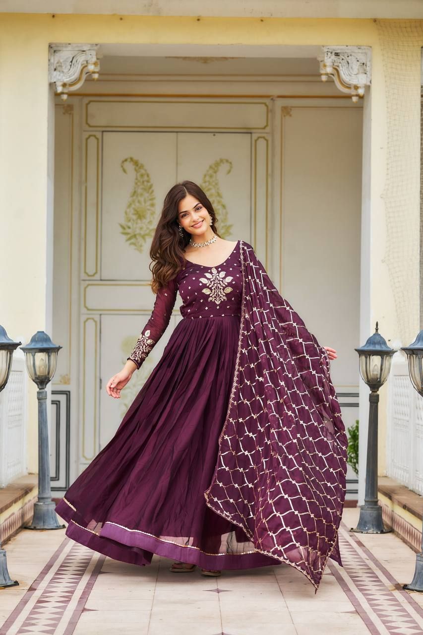 Aastha Wine pure Rangoli Fox Georgette with Gown Fabric Heavy sequence Embroidery Work
