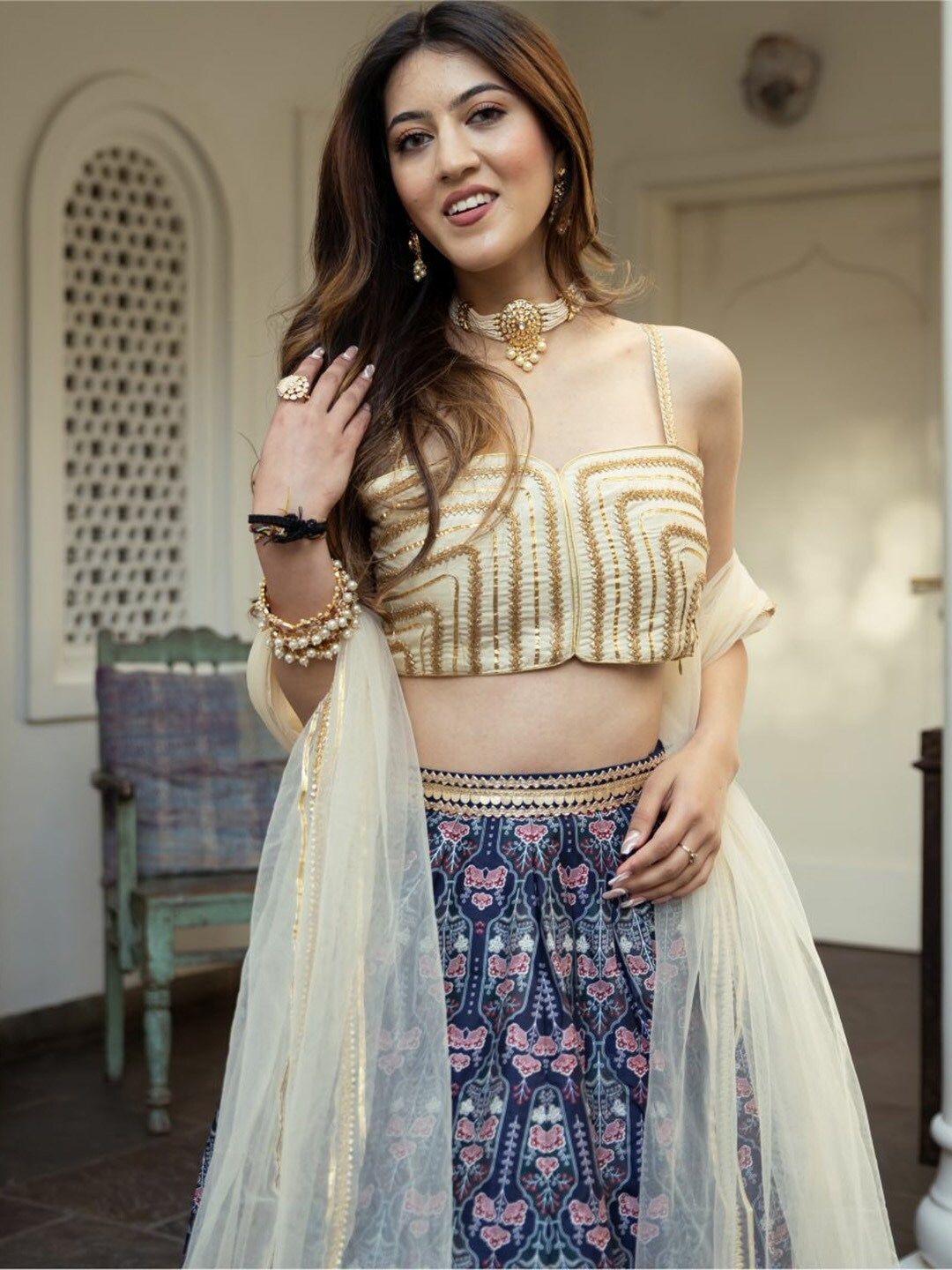 Aastha fashion Blue Organza lehanga blouse fabric Floral Digital Print with Embroidery Work