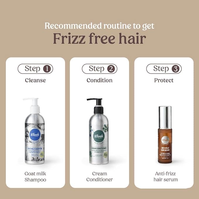 Vilvah Store Frizz Free Hair Combo, Anti Frizz Hair Serum + Goat Milk Shampoo + Cream Conditioner Great for Dry, Damaged, and Frizzy Hair, 430ml