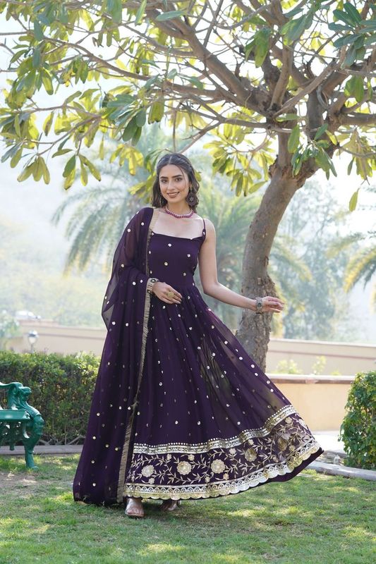 Aastha Wine Faux Georgette with Gown fabric Printed