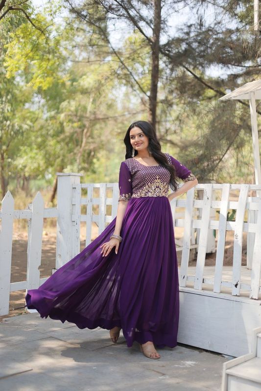 Aastha Purple with Gown Blooming Faux Georgette Embroidery Zari Sequins-work