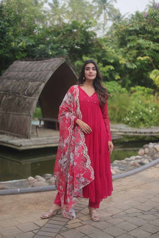 Aastha Pink Faux Bloomin Soft organza with Gown Embroidered Work