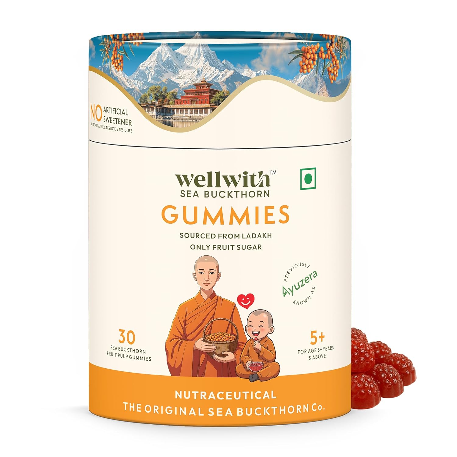 Wellwith Sea Buckthorn Gummies packaging with mountain and traditional building design