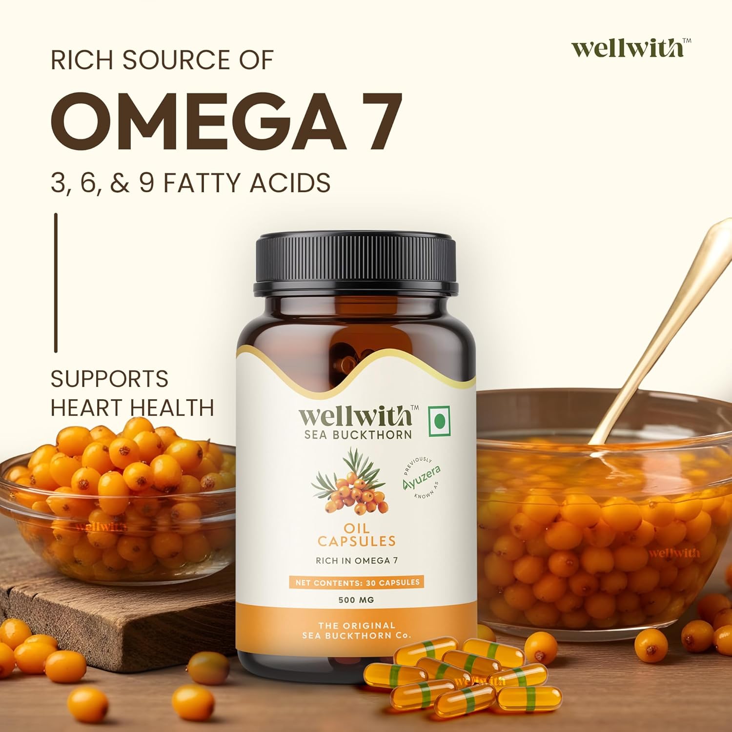 Wellwith Sea Buckthorn oil capsules with berries and a spoon on a wooden surface