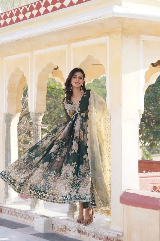 Aastha Green Faux Blooming with Gown fabric Embroidery Zari Sequins