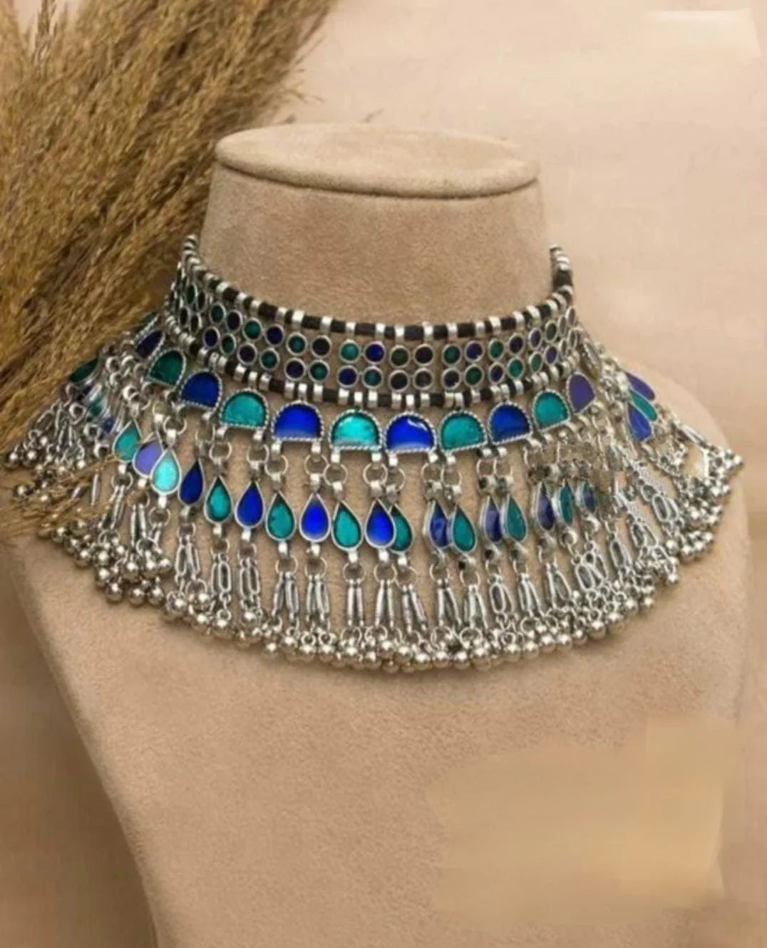Suvesha Silver Plated Oxidized Afghani Necklace - Blue Color