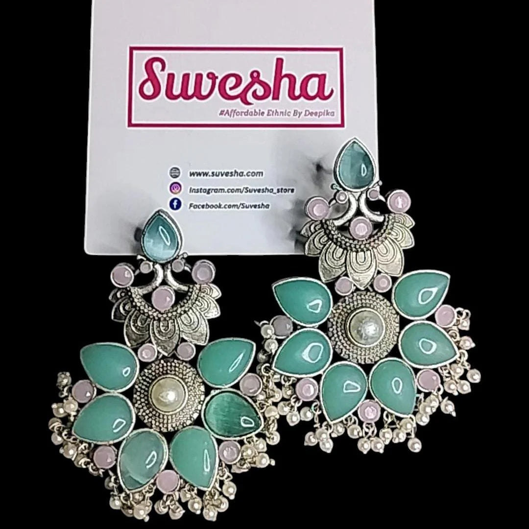 Suvesha Silver Replica Two Tone Monalisa Stone Earrings