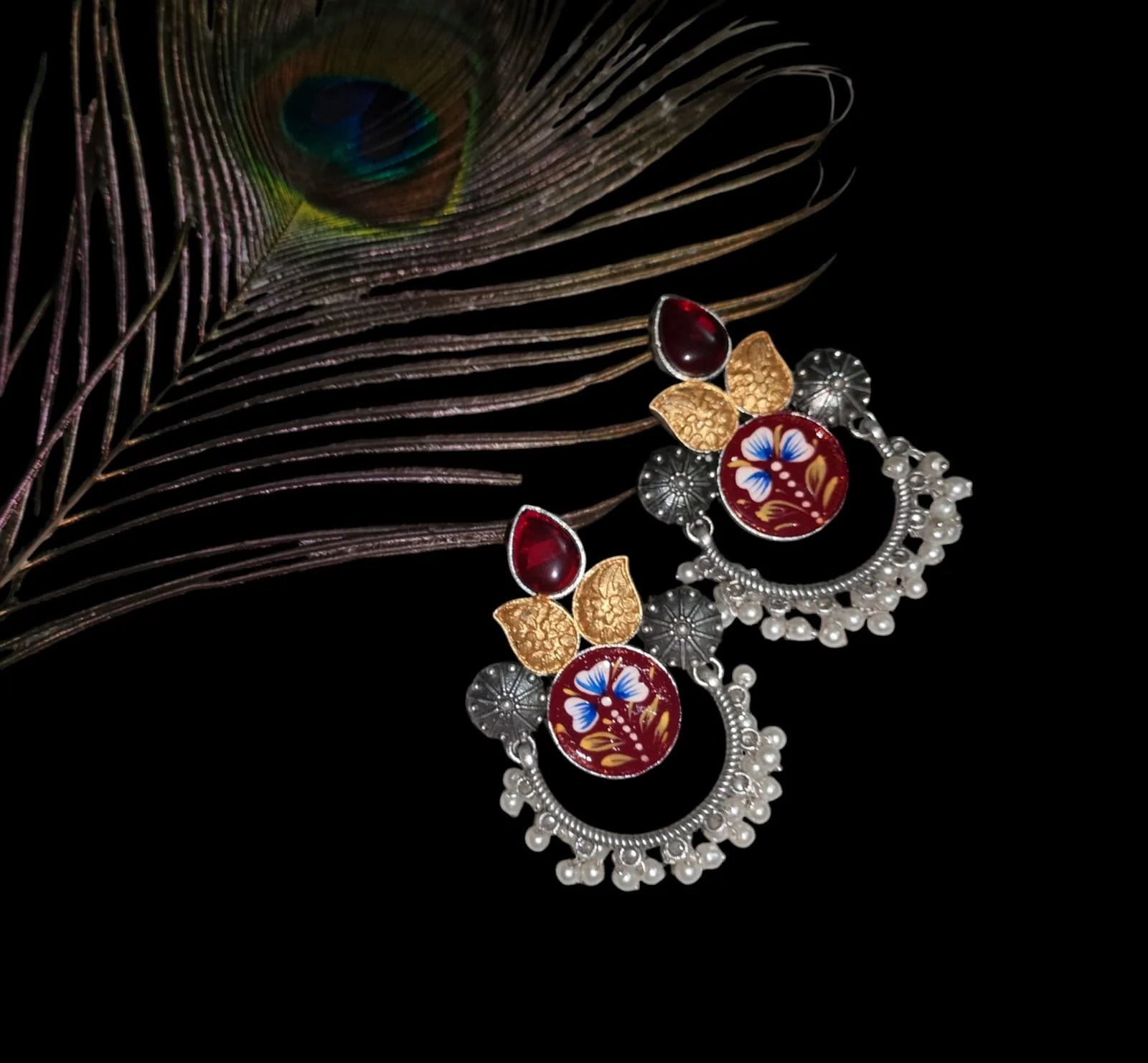 Suvesha Hand-Painted Silver Replica Monalisa Stone Earrings